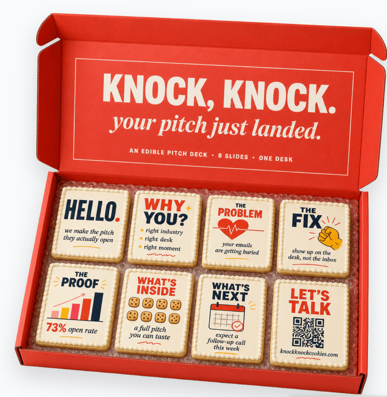 An open shipping mailer with a tray of pitch-deck cookies
